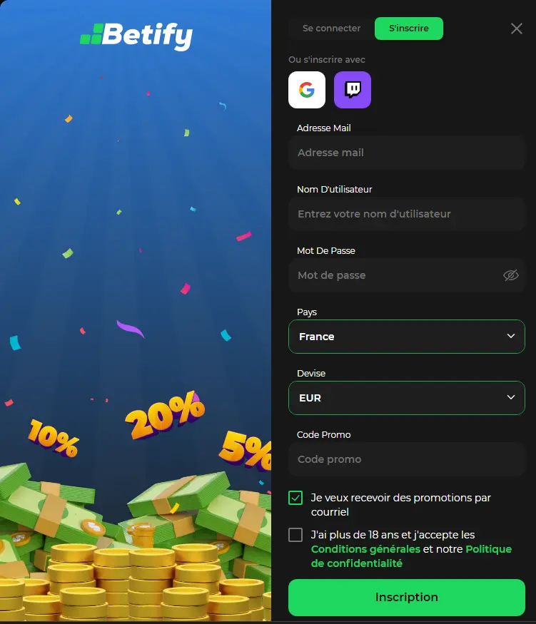 Formulaire d’inscription sur le site web de Betify casino
