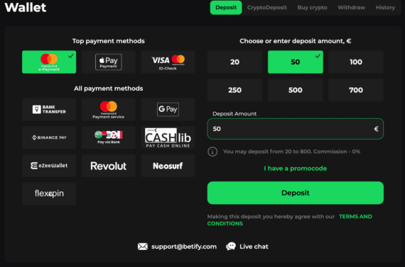 procédure de dépôt sur Betify Casino